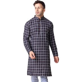 SKAVIJ Mens Cotton Straight Checked Ethnic Kurta Tunic