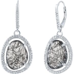 SoulBox Natural Black Rutile and Diamond Drop & Dangle Earrings for Women in 925 Sterling Silver