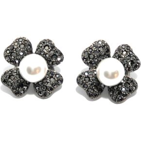 KENNETH JAY LANE, PAVE CRYSTAL OR BLACK CRYSTAL CLOVER FLOWER CLIP EARRINGS WITH PEARL CENTER, GORGEOUS!!!