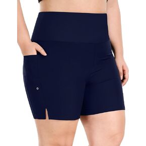 COOTRY Womens 5'' Plus Size Swim Board Shorts High Waisted Quick Dry Beach Shorts Swimsuit Bottoms with Pockets