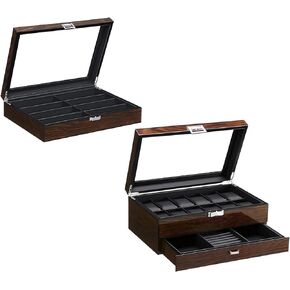 BEWISHOME 12 Watch Box with Valet Drawer & 8 Slot Sunglasses Case for Men Eyeglasses Storage Box with Clear Glass Top,Bundle
