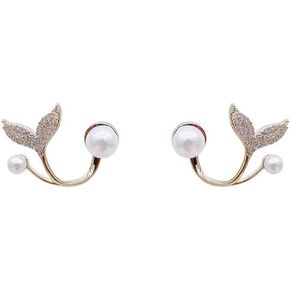 Boho Vintage Fish Tail Double Pearl Ear Jacket Stud Earrings Jewelry for Women Girls