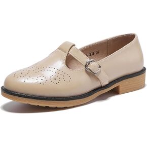 TRULAND Women's Leather Mary Jane Oxfords Shoes - Slip On T-Strap Loafers Casual Closed Toe Dressy Flats Shoes for Office Work