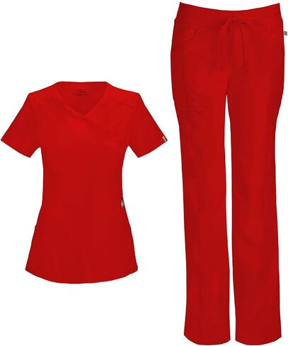 Cherokee Infinity Women Scrubs Set 2625A Mock Wrap Top & 1123A Straight Leg Drawstring Pant, Red- M Top/M Pant in Saudi Arabia