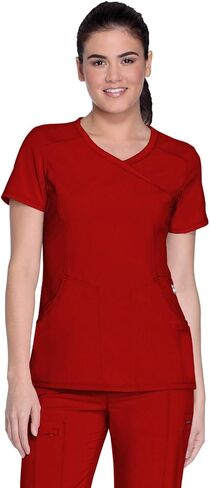 Cherokee Infinity Women Scrubs Set 2625A Mock Wrap Top & 1123A Straight Leg Drawstring Pant, Red- M Top/M Pant in Saudi Arabia