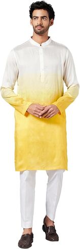Hilo Design Whill Ombre Effect White and Yellow Mandarin Collar Indian Traditional Silk Kurta for Men in Saudi Arabia
