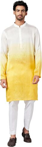 Hilo Design Whill Ombre Effect White and Yellow Mandarin Collar Indian Traditional Silk Kurta for Men in Saudi Arabia