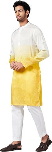 Hilo Design Whill Ombre Effect White and Yellow Mandarin Collar Indian Traditional Silk Kurta for Men in Saudi Arabia