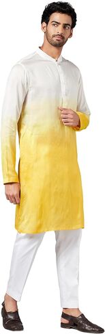 Hilo Design Whill Ombre Effect White and Yellow Mandarin Collar Indian Traditional Silk Kurta for Men in Saudi Arabia