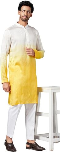 Hilo Design Whill Ombre Effect White and Yellow Mandarin Collar Indian Traditional Silk Kurta for Men in Saudi Arabia
