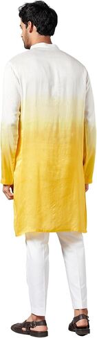Hilo Design Whill Ombre Effect White and Yellow Mandarin Collar Indian Traditional Silk Kurta for Men in Saudi Arabia