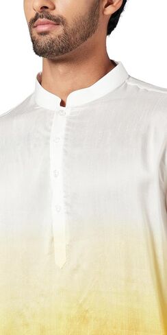 Hilo Design Whill Ombre Effect White and Yellow Mandarin Collar Indian Traditional Silk Kurta for Men in Saudi Arabia