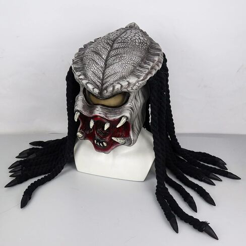 Bulex Predator Mask with Dreads Hair Scary Alien Full Head Headwear Halloween Cosplay Creepy Helmet Role Play Latex Props in Saudi Arabia