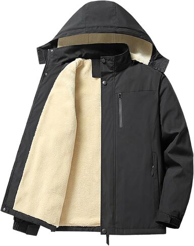 PEGENO Men's Winter Thick Hooded Jacket Fleece Lining Windproof Parka With Removable Hood Coat in Saudi Arabia