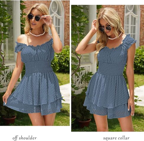 Fixmatti Women Off Shoulder Romper Strapless Shorts Sleeve Swiss Dot Boho Mini Jumpsuits Playsuits in Kuwait