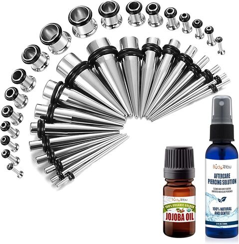 BodyJ4You 38PC Gauges Kit Ear Stretching Aftercare Jojoba Oil Saline Spray | Single Flare Tunnel Plugs Expander Tapers | Multicolor Surgical Steel | Natural Recovery Solution Set in Kuwait