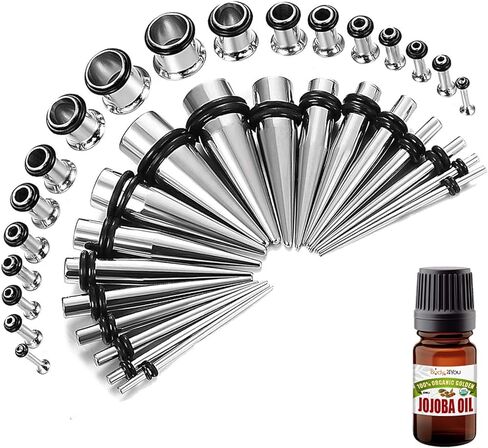 BodyJ4You 38PC Gauges Kit Ear Stretching Aftercare Jojoba Oil Saline Spray | Single Flare Tunnel Plugs Expander Tapers | Multicolor Surgical Steel | Natural Recovery Solution Set in Kuwait