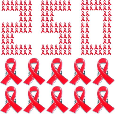 250 قطعة من دبابيس الشريط الاحمر للتوعية باليوم العالمي للايدز وامراض القلب، لوازم اسبوعية بشريط احمر، مصنوعة من خليط معدني من الستيل بدون احجار كريمة, سبيكة صلب, بدون أحجار كريمة in Kuwait