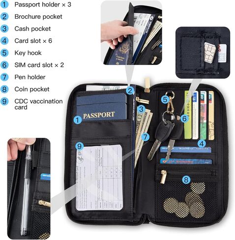 Passport Holder Wallet Family Travel Lightweight Portable Document Organizer RFID Blocking Bag for Men Women with Passport and Vaccine Card Holder Combo Case (Black) in Saudi Arabia