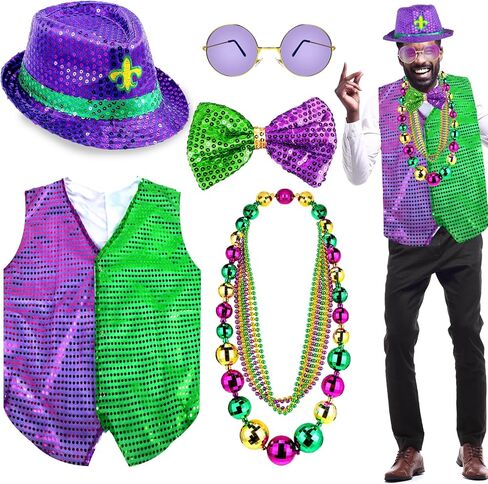 CAMDUCK Mardi Gras Costume, Mardi Gras Tutu Skirt Headband Leg Warmer Cover Feather Boa Shawl Scarf Bead Necklace Earrings in Kuwait
