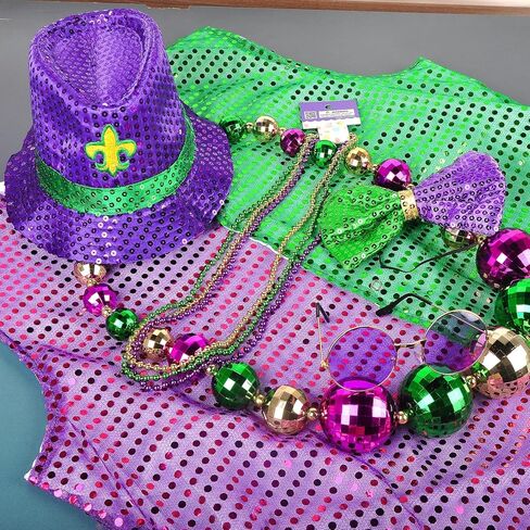 CAMDUCK Mardi Gras Costume, Mardi Gras Tutu Skirt Headband Leg Warmer Cover Feather Boa Shawl Scarf Bead Necklace Earrings in Kuwait