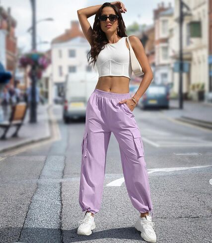 Women's High Waisted Cargo Pants Baggy Trendy Hiking Parachute Pants with Pockets Y2K Cargo Trousers Drawstring Ankles in Saudi Arabia