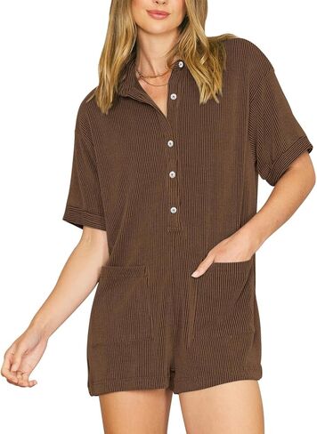 Fixmatti Women 2024 Romper V Neck Button Down Ribbed Knitted Shorts Jumpsuit with Pockets in Kuwait