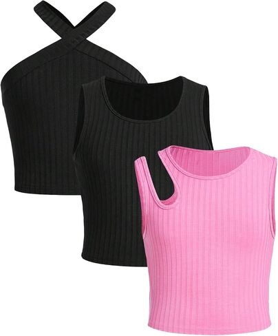 Milumia Girl's 3 Piece Ribbed Knit Crop Tops Set Solid Cut Out Summer Cami Tank Tops in Saudi Arabia