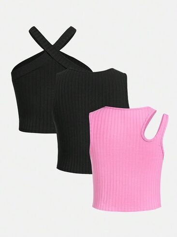 Milumia Girl's 3 Piece Ribbed Knit Crop Tops Set Solid Cut Out Summer Cami Tank Tops in Saudi Arabia