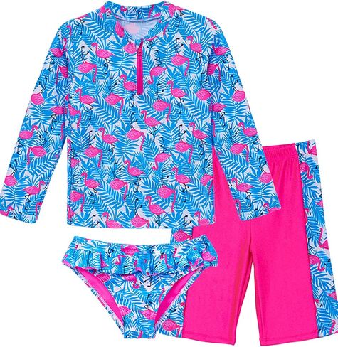 ملابس سباحة IKALI للفتيات بأكمام طويلة مكونة من 3 قطع ملابس سباحة Flamingo للأطفال مجموعة حماية من الطفح الجلدي للشاطئ in Kuwait