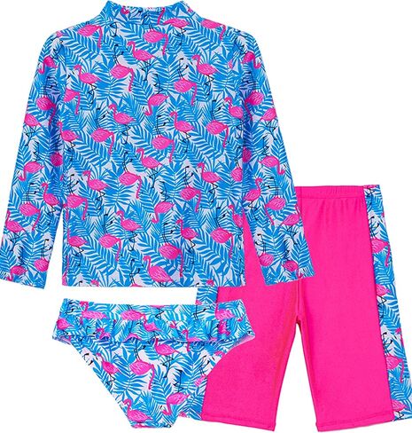 ملابس سباحة IKALI للفتيات بأكمام طويلة مكونة من 3 قطع ملابس سباحة Flamingo للأطفال مجموعة حماية من الطفح الجلدي للشاطئ in Kuwait