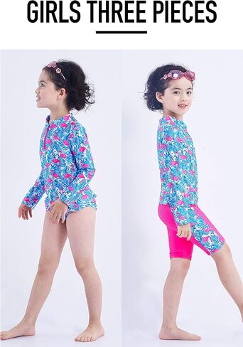 ملابس سباحة IKALI للفتيات بأكمام طويلة مكونة من 3 قطع ملابس سباحة Flamingo للأطفال مجموعة حماية من الطفح الجلدي للشاطئ in Kuwait