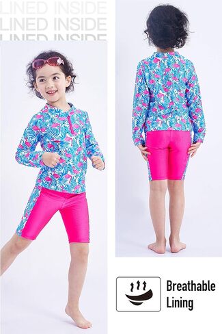 ملابس سباحة IKALI للفتيات بأكمام طويلة مكونة من 3 قطع ملابس سباحة Flamingo للأطفال مجموعة حماية من الطفح الجلدي للشاطئ in Kuwait