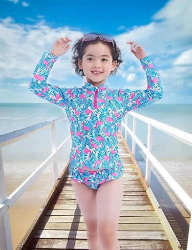 ملابس سباحة IKALI للفتيات بأكمام طويلة مكونة من 3 قطع ملابس سباحة Flamingo للأطفال مجموعة حماية من الطفح الجلدي للشاطئ in Kuwait
