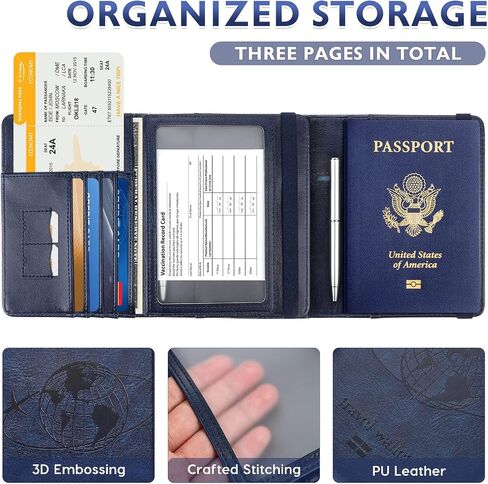 كومبو حامل بطاقات لقاح جواز السفر - غلاف غلاف كتاب جواز السفر مع حجب RFID - محفظة سفر من الجلد الصناعي مع قلم صغير وفتحة بطاقة لرجل امرأة, كحلي in Saudi Arabia