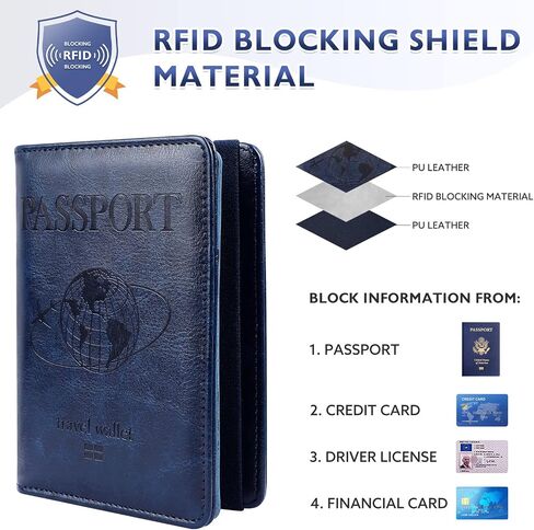 كومبو حامل بطاقات لقاح جواز السفر - غلاف غلاف كتاب جواز السفر مع حجب RFID - محفظة سفر من الجلد الصناعي مع قلم صغير وفتحة بطاقة لرجل امرأة, كحلي in Saudi Arabia