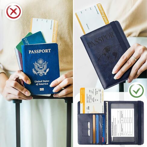 كومبو حامل بطاقات لقاح جواز السفر - غلاف غلاف كتاب جواز السفر مع حجب RFID - محفظة سفر من الجلد الصناعي مع قلم صغير وفتحة بطاقة لرجل امرأة, كحلي in Saudi Arabia