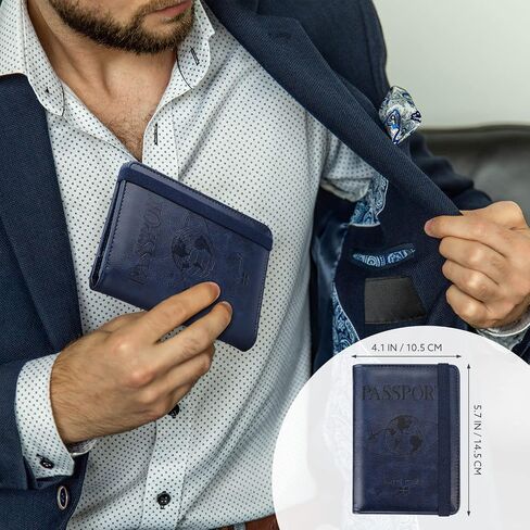 كومبو حامل بطاقات لقاح جواز السفر - غلاف غلاف كتاب جواز السفر مع حجب RFID - محفظة سفر من الجلد الصناعي مع قلم صغير وفتحة بطاقة لرجل امرأة, كحلي in Saudi Arabia