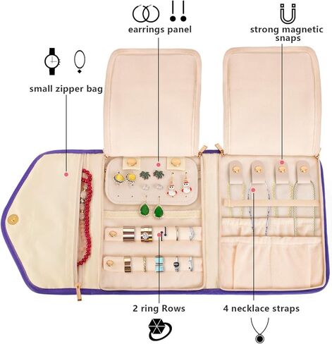 حقيبة تنظيم مجوهرات السفر من تيموي، بكرة مجوهرات قابلة للطي، حقيبة تخزين مجوهرات مبطنة للقلادة والأقراط والأساور والخواتم، أرجواني- حقيبة فقط in Kuwait
