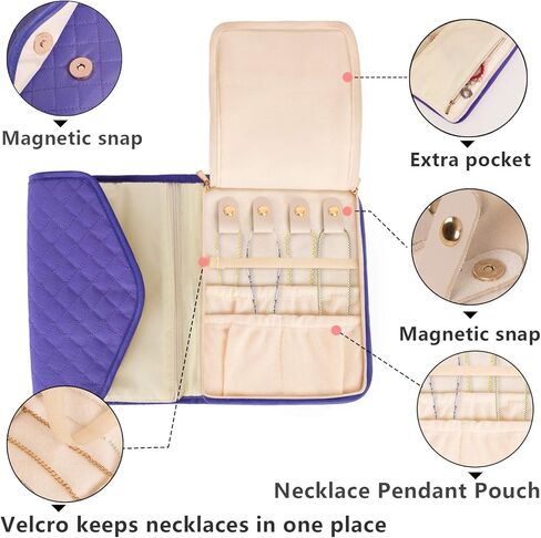 حقيبة تنظيم مجوهرات السفر من تيموي، بكرة مجوهرات قابلة للطي، حقيبة تخزين مجوهرات مبطنة للقلادة والأقراط والأساور والخواتم، أرجواني- حقيبة فقط in Kuwait