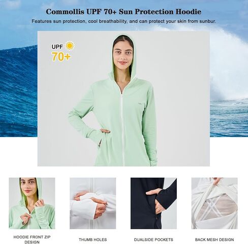 Commollis UPF 70+ Women's Sun Protection Hoodie Jacket Long Sleeve Hooded Active Shirts Outdoor Zip Running Athletic Hiking Jacket - Mint Green/S in Saudi Arabia