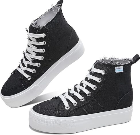 Obtaom High Top Platform Sneakers Women Mid Calf Play Canvas Shoes Washed Platform Skate Skateboard Shoe Casual Canvas Fashion Sneakers in Saudi Arabia