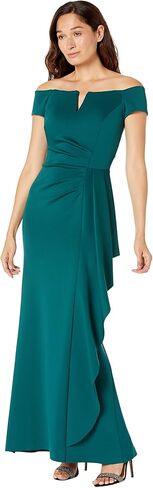 Xscape Long Scuba Off-The-Shoulder Dress with Side Ruffle in Saudi Arabia