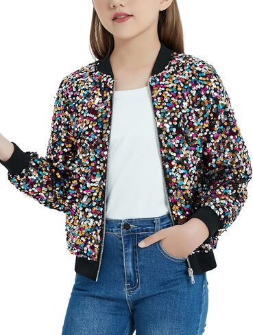 EXARUS Girls Sequin Bomber Jacket with Pockets Sparkle Lightweight Zipper Long Sleeve Jackets for Kid 6-12Y in Saudi Arabia