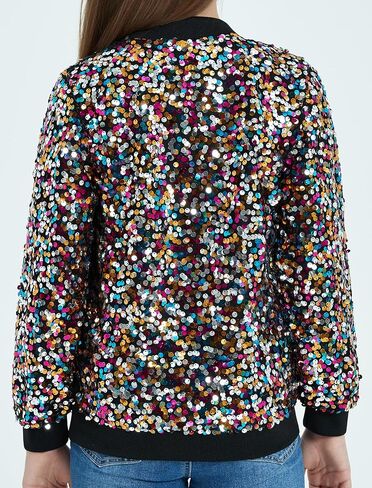 EXARUS Girls Sequin Bomber Jacket with Pockets Sparkle Lightweight Zipper Long Sleeve Jackets for Kid 6-12Y in Saudi Arabia