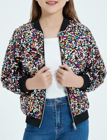 EXARUS Girls Sequin Bomber Jacket with Pockets Sparkle Lightweight Zipper Long Sleeve Jackets for Kid 6-12Y in Saudi Arabia