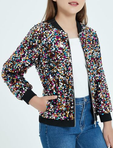 EXARUS Girls Sequin Bomber Jacket with Pockets Sparkle Lightweight Zipper Long Sleeve Jackets for Kid 6-12Y in Saudi Arabia