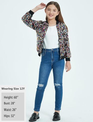 EXARUS Girls Sequin Bomber Jacket with Pockets Sparkle Lightweight Zipper Long Sleeve Jackets for Kid 6-12Y in Saudi Arabia