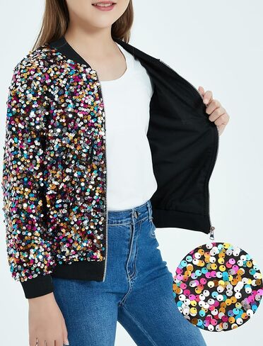 EXARUS Girls Sequin Bomber Jacket with Pockets Sparkle Lightweight Zipper Long Sleeve Jackets for Kid 6-12Y in Saudi Arabia