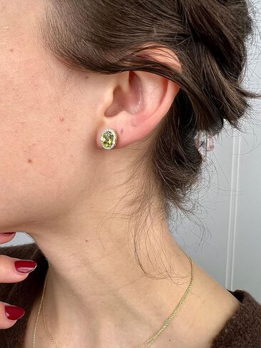 LE VIAN 1/5 Carat Diamond and 1 2/3 Carat Green Peridot Oval Halo Stud Earrings for Women in 14k Yellow Gold (G-H, SI1-SI2 / VS2-SI1, cttw) Push Back Studs by LeVian in Kuwait